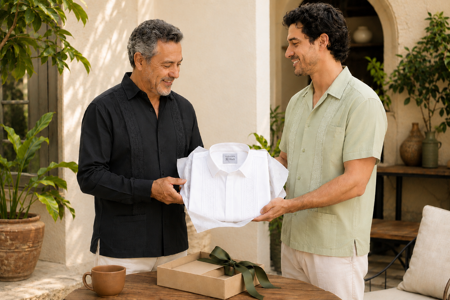hijo regalando guayabera de lino a su pap&aacute; en el D&iacute;a del Padre